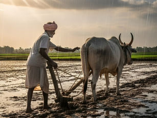 A farmer plows a muddy field with oxen under a cloudy sky, wearing a white outfit and pink turban. Raindrops are visible, evoking a calm mood.