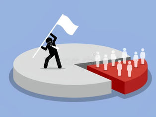 Illustration of a person in black with a white flag on a pie chart. Red section with white figures, gray section, blue background.