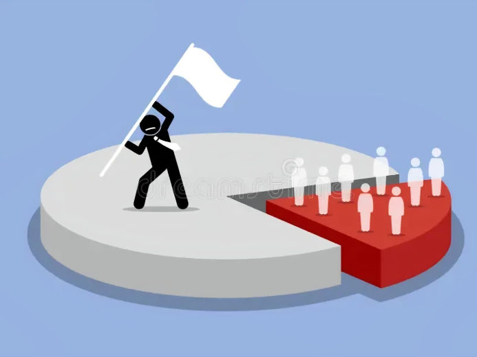 Illustration of a person in black with a white flag on a pie chart. Red section with white figures, gray section, blue background.