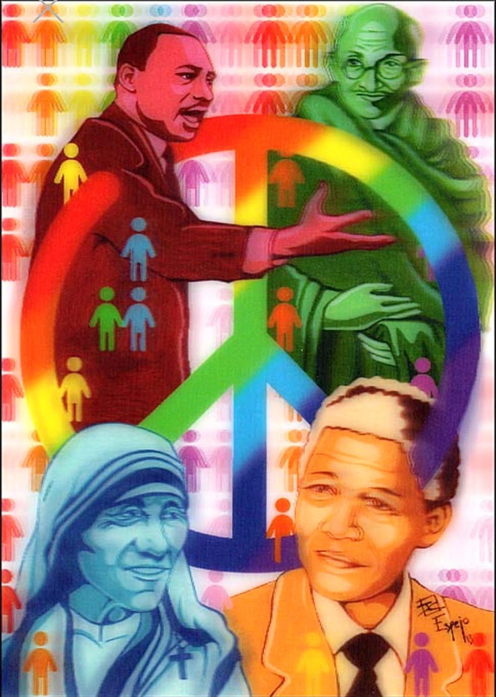 A poster of peace in which Mother Theresa, Nelson Mandela, Gandhi