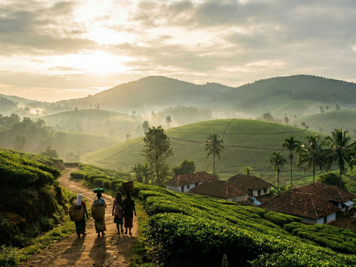 Four people with baskets walk on a path through lush green tea fields at sunrise, with misty hills and cottages in the background.