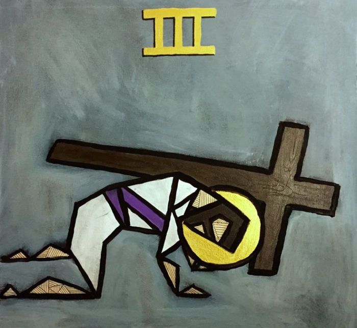 Abstract figure in white with a purple sash kneels under a cross. Gold halo, Roman numeral III above. Gray background, somber mood.