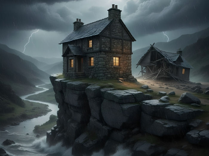 Stone houses on a cliff during a storm; one intact, one dilapidated. Lightning illuminates dark clouds, creating a moody, dramatic scene.