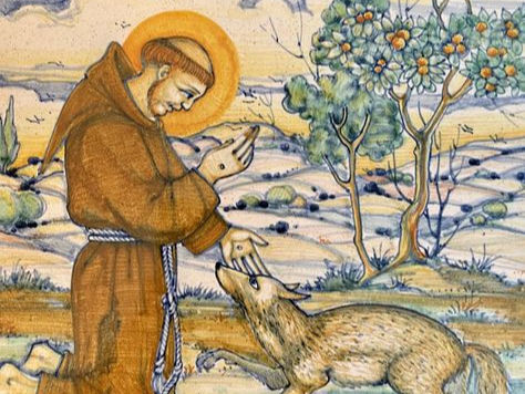 St Francis of Assisi with a halo interacts gently with a wolf in a pastoral scene, under a tree with flowers, creating a serene, harmonious mood.