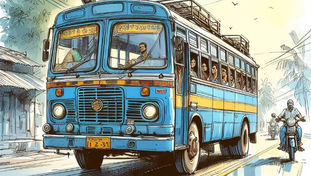 Blue bus on road with smiling passengers, driver focused ahead. A motorcyclist rides beside it. Sunny day, trees and houses in background.