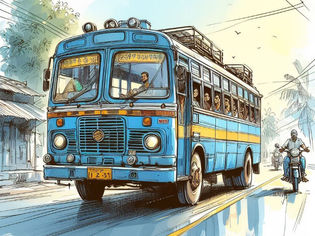 Blue bus on road with smiling passengers, driver focused ahead. A motorcyclist rides beside it. Sunny day, trees and houses in background.