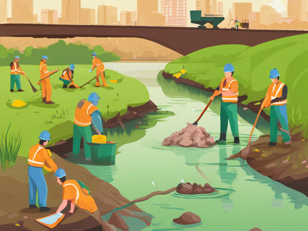 People at work in cleaning a river