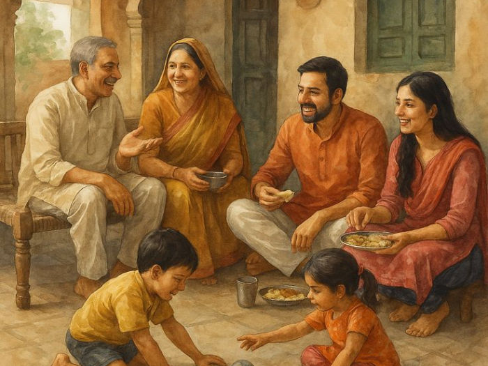 A family sits joyfully on a verandah, eating and conversing. Two children play nearby. Warm, earthy colors create a cozy atmosphere.