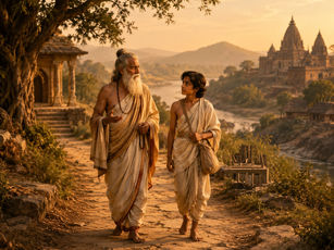 A Teacher and Student walking along a path