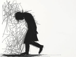 Shadowy figure walking with head down, surrounded by chaotic scribbles on a stark white background. Conveys a sense of sadness.
