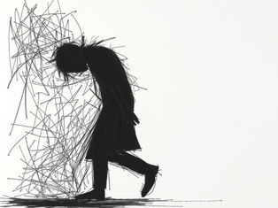 Shadowy figure walking with head down, surrounded by chaotic scribbles on a stark white background. Conveys a sense of sadness.