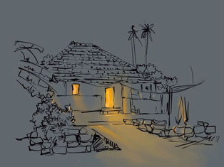 Illustration of a rustic house at night with glowing windows. Palm trees and bushes surround the house, creating a peaceful, cozy mood.