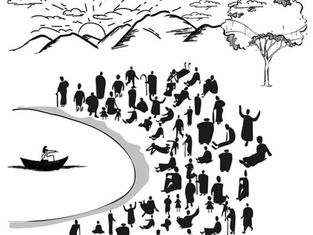 Jesus Teaching crowd from the sitting on a boat in sea