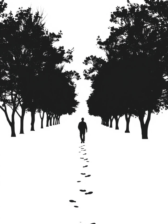 Silhouette of a person walking down a tree-lined path, leaving footprints in the white snow. The scene is stark and tranquil.