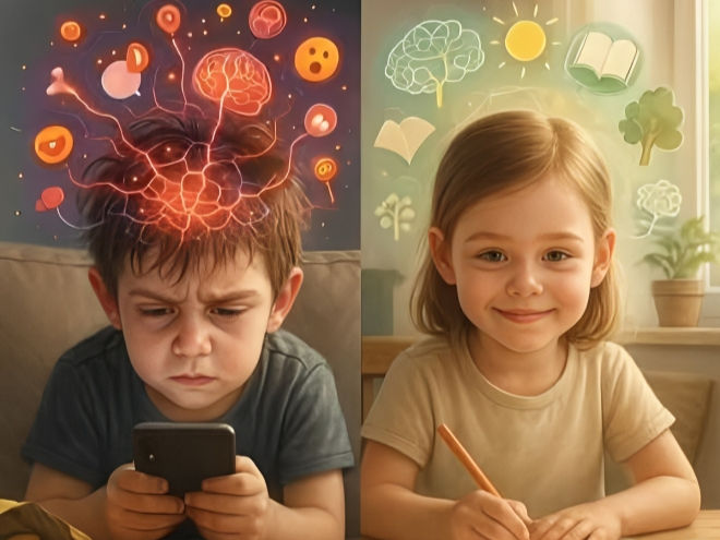Boy frowns at a phone, brains and emojis above. Girl smiles, writing with books and sun symbols overhead. Cozy indoor setting.