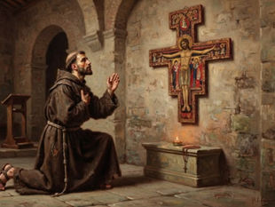 Francis is praying before the Crucifix