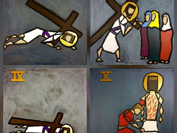 Four abstract panels depict a figure carrying a cross. Roman numerals VII to X are labeled. Colorful garments and somber mood present.