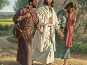 Three men walk along a dirt path surrounded by lush greenery and rocks. One looks contemplative, another is speaking. Warm, earthy tones.