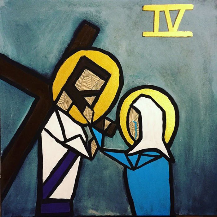 Geometric art of two figures with halos, one carrying a cross, the other comforting. Blue background, gold "IV" in corner. Somber mood.