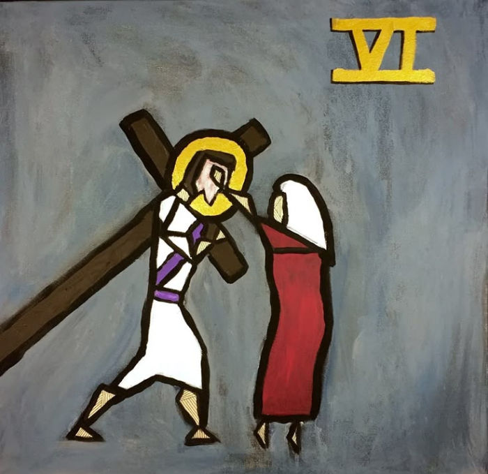 Abstract art of a person carrying a cross, meeting another person in red. Blue-gray background, yellow halo, and "VI" in the corner.