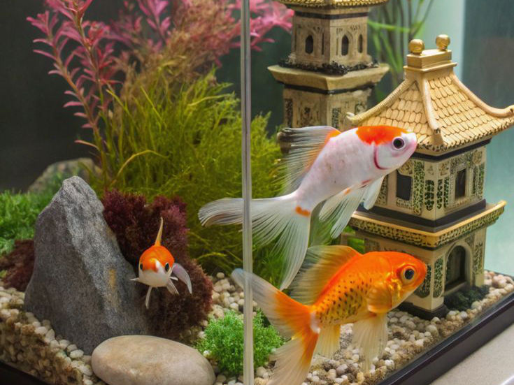 Three colorful goldfish swim in an aquarium with Asian-style structures and vibrant plants. Pebbles cover the tank floor.