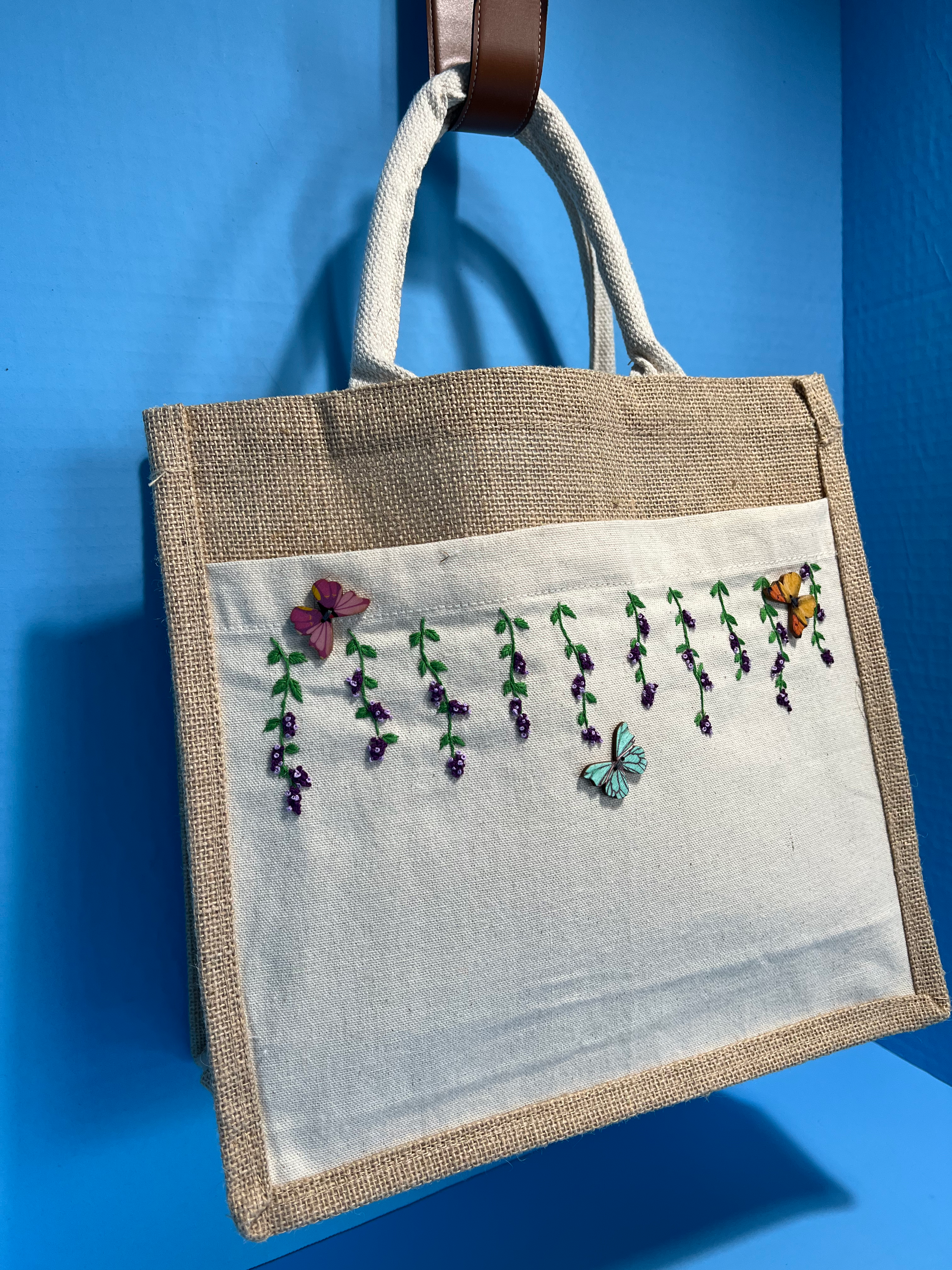 Hanging flowers Burlap Tote Bag