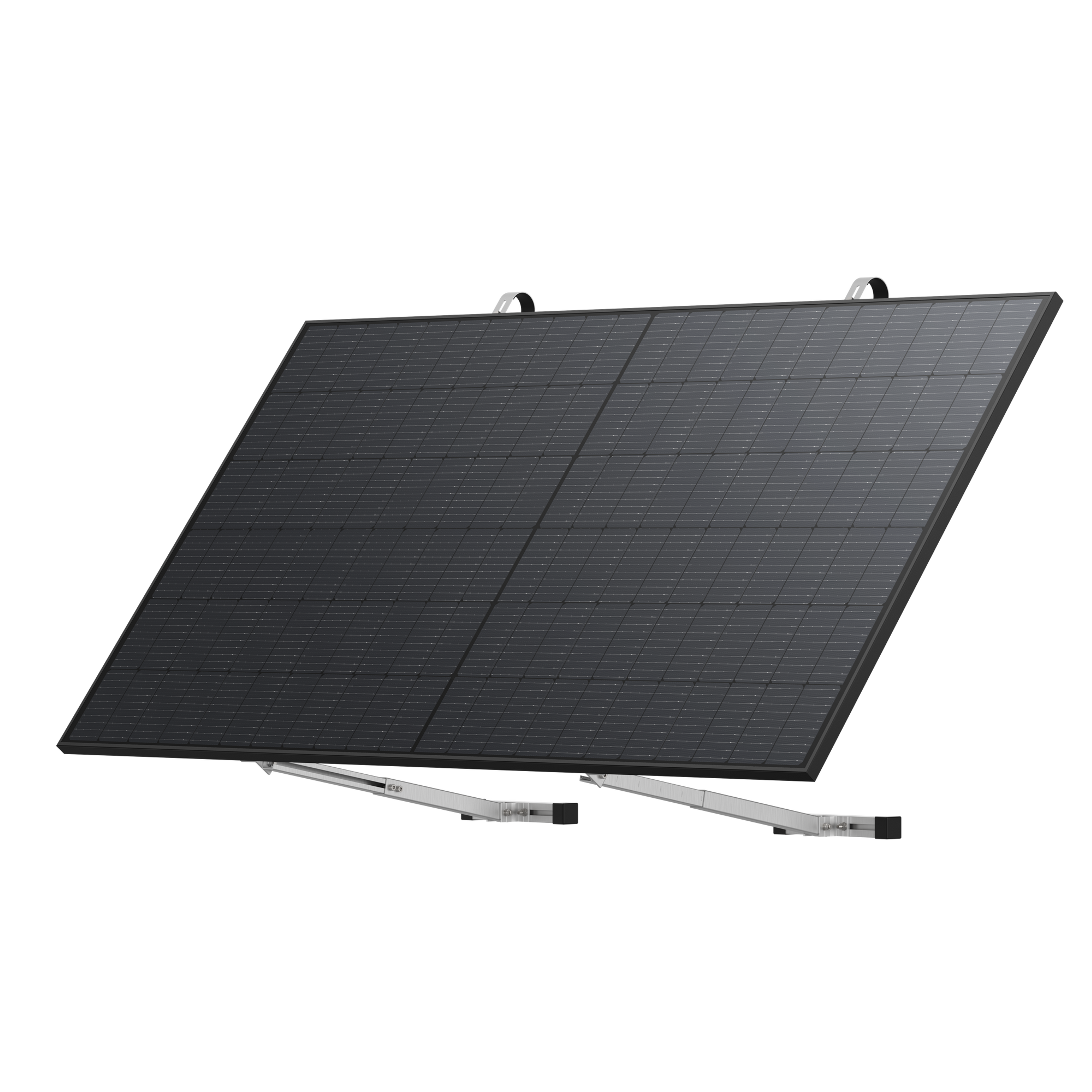 Schwarzes Solarmodul mit silberner Halterung für Gitterbalkone in angewinkelter Position