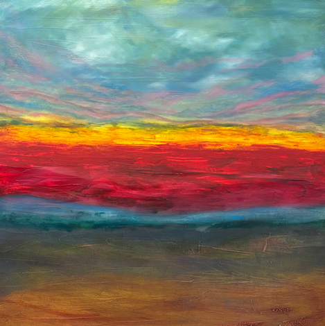 Abstract landscape with vibrant colors and textured brushstrokes.