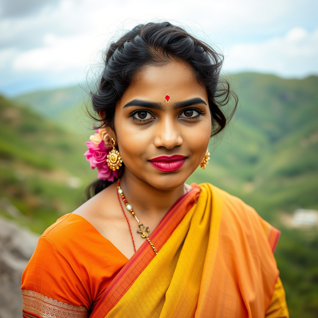 south indian women with saree a head shot in green valley..jpg