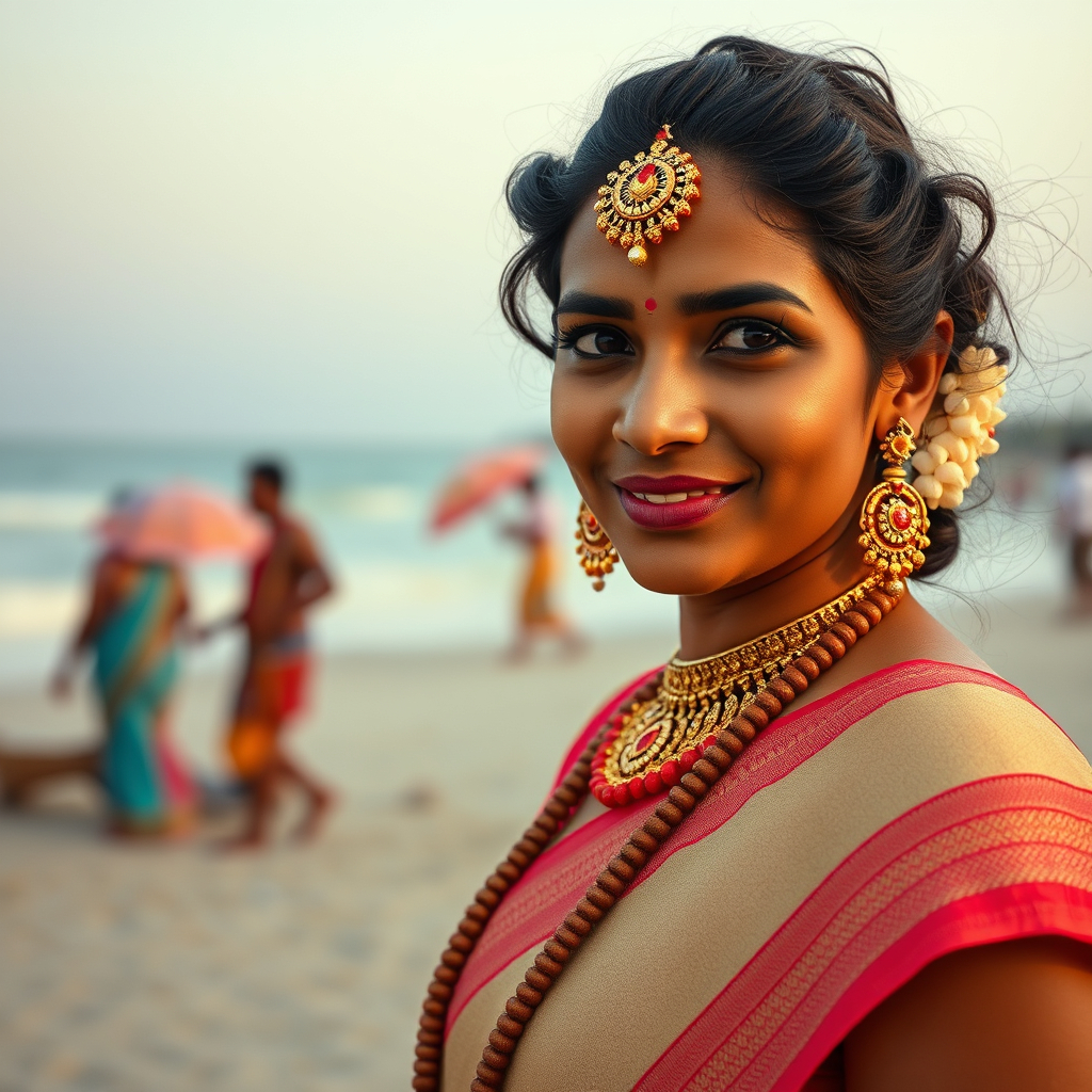 a south indian woman with indian advocate costume backgroung chennai beach..jpg