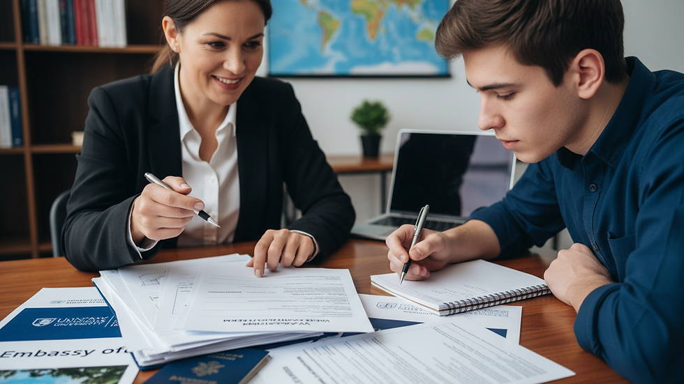 Close-up view of a consultant explaining visa documents to a student