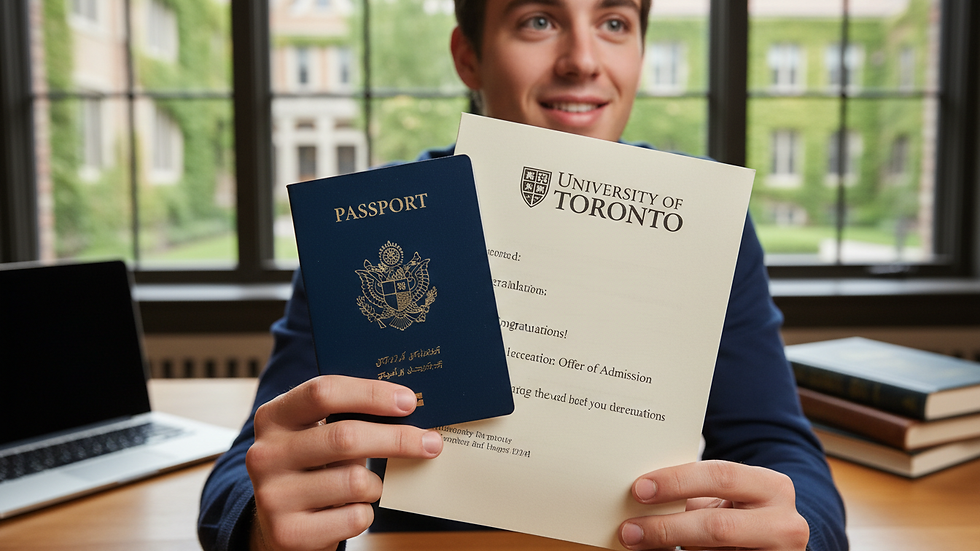 Close-up view of a student holding a passport and university acceptance letter