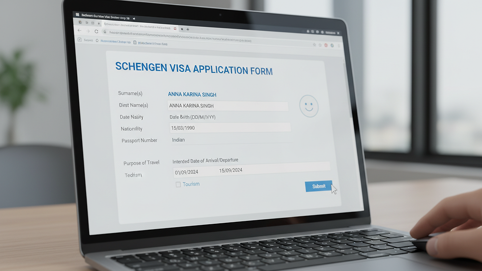 Close-up view of a laptop screen showing a visa application form being filled out