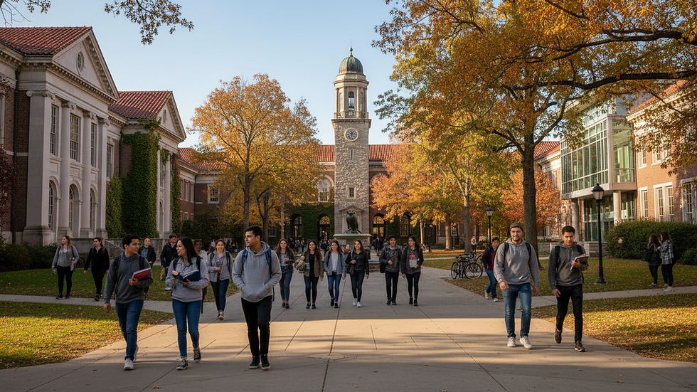 Eye-level view of a university campus with students walking
