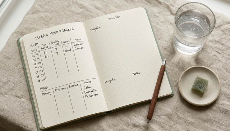 Overhead view of a wellness journal, water glass, and low dose hemp gummy on a linen surface.