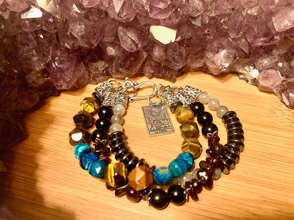 Thumbnail: B031. Black Obsidian, Garnet, Hematite, Labradorite, and Tiger's Eye Bracelet