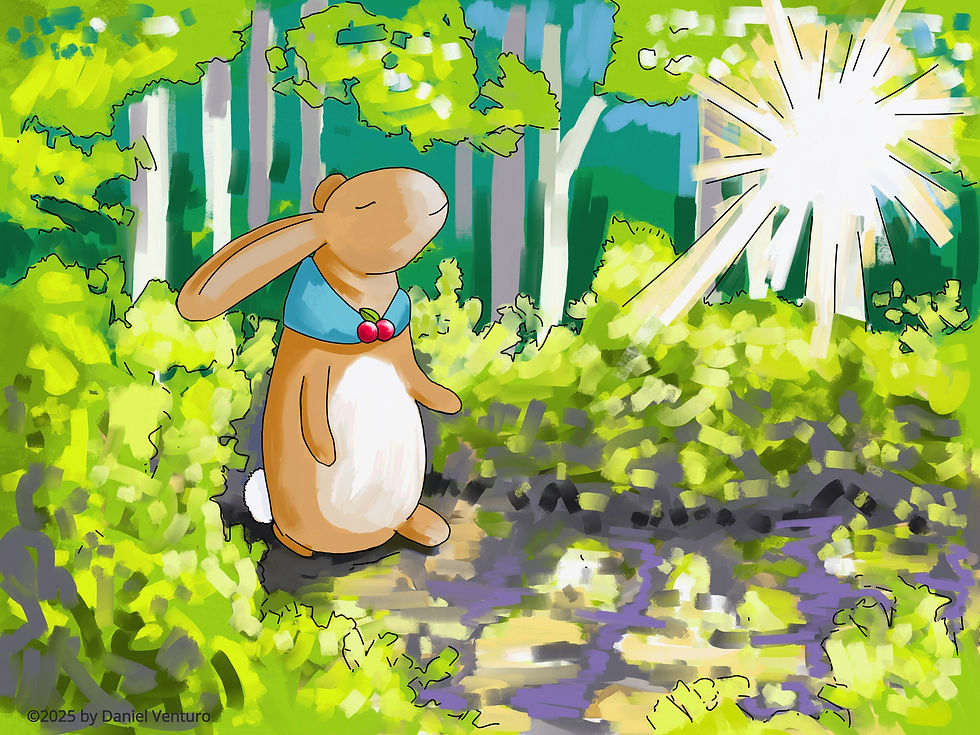 rabbit in a light blue shawl walking through a forest in the afternoon sun, childrens story.
