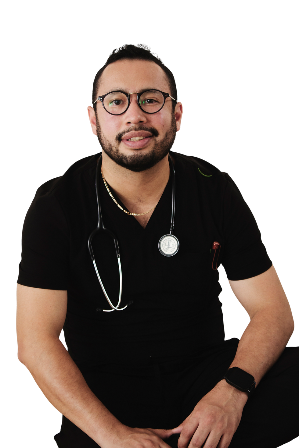 Médico con estetoscopio y trayectoria médica destacada.