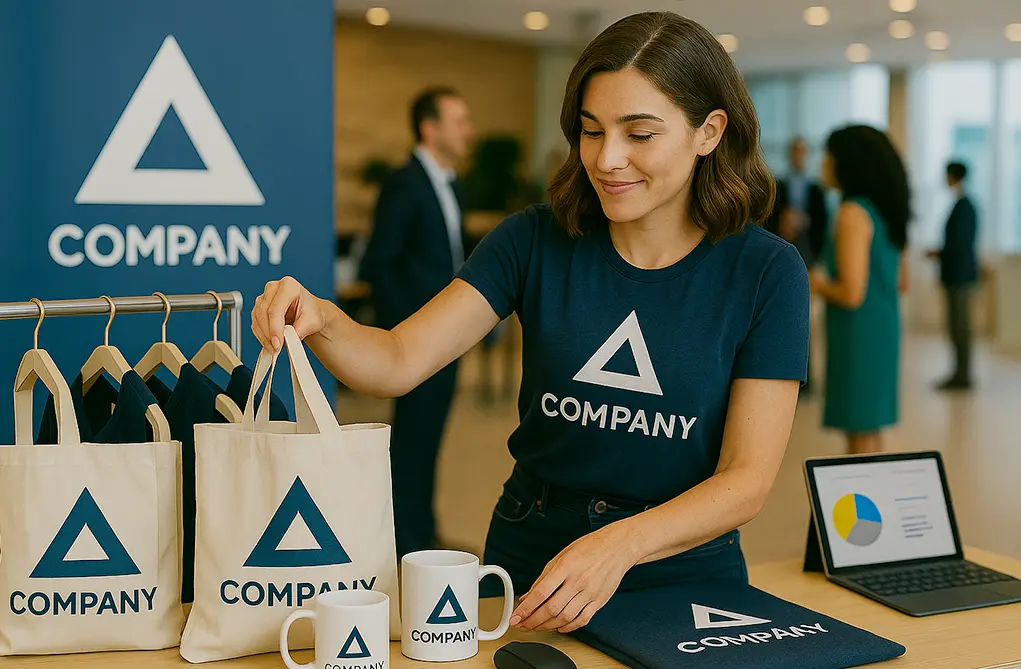 Professional woman in branded company t-shirt displaying coordinated corporate merchandise including branded tote bags, coffee mug, and apparel in modern office setting
