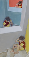 Esoterica. Portrait of a child speaking on the phone to his other self