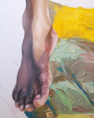 Close up view of the girl's foot in my oil painting with title "African Vibes"