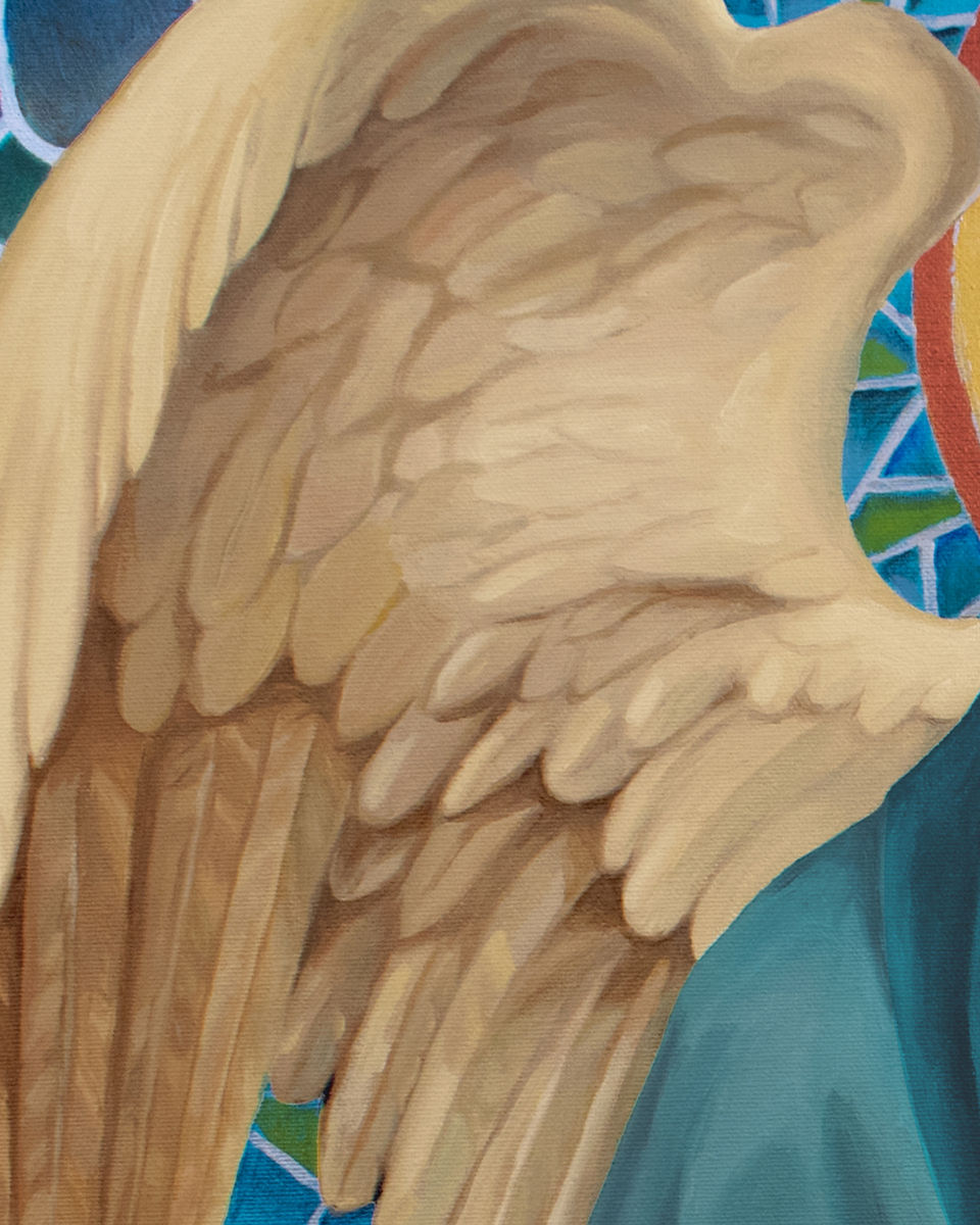 Close-up detail view of my painting with title "Leave your prayer after the tone"