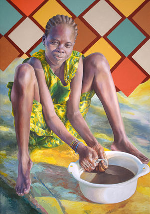 Oil painting showing a happy young African girl doing laundry outside