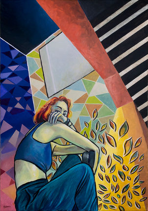 Oil painting on canvas showing a sitting lady in perspective, looking at the viewer