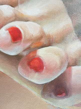 Progress work, close-up detail on my painting with title "Tootsies"