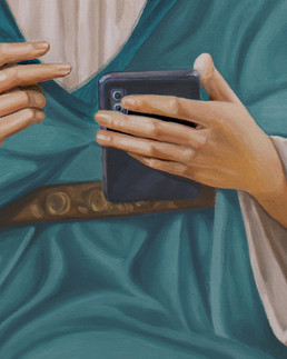 Close-up detail view of my painting with title "Leave your prayer after the tone"