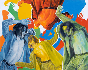 Oil painting on canvas showing a young man dancing in different vivid colors.
