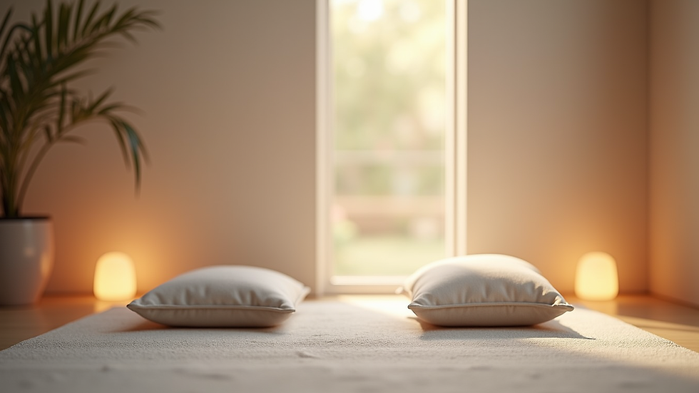 Eye-level view of a peaceful meditation space with cushions and soft lighting