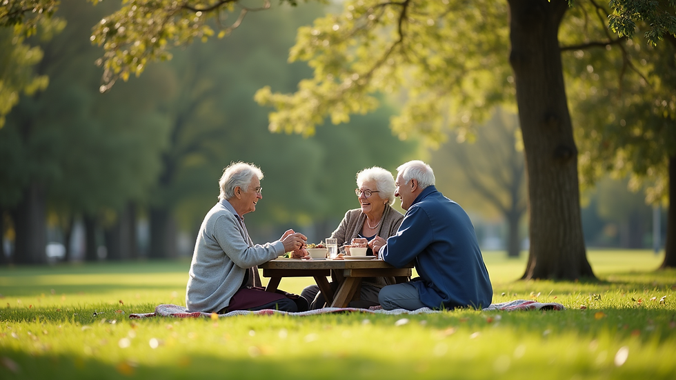 Wide angle view of a serene park with seniors enjoying a picnic