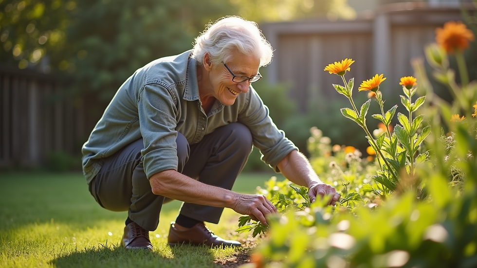 Close-up view of a senior enjoying gardening in a backyard
